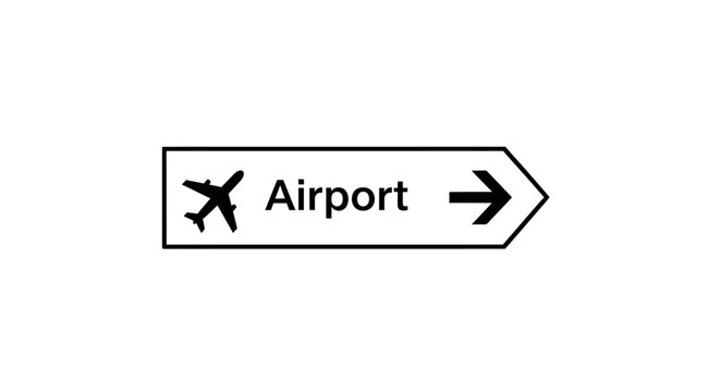 Airport directional sign with airplane icon and right arrow on white background. Travel navigation guide symbol for terminal or departure.