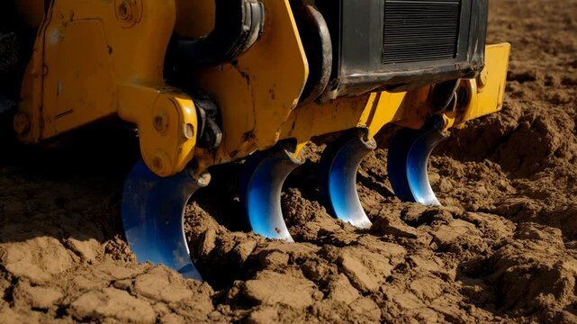 Close-up of heavy machinery ripper attachment breaking dry cracked earth. Yellow tractor with blue metal tines preparing land for agriculture or construction