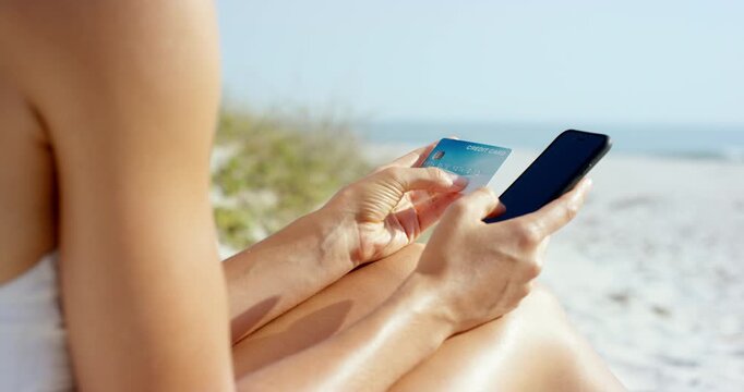 Beach, payment and hands with phone, credit card and online shopping with discount offer on website. Outdoor, traveler and person with mobile for digital purchase, holiday and ecommerce with debit