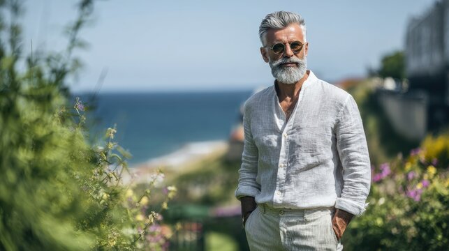 Elegant senior male portrait in bright summer setting, showcasing grooming and style