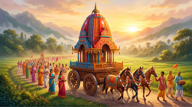 Happy rath yatra vector illustration with horses pulling chariot through green fields at sunrise with devotees for Lord Jagannath festival
