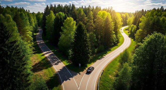 Winding Forest Road Fork, Car Driving Towards Sunlit Horizon