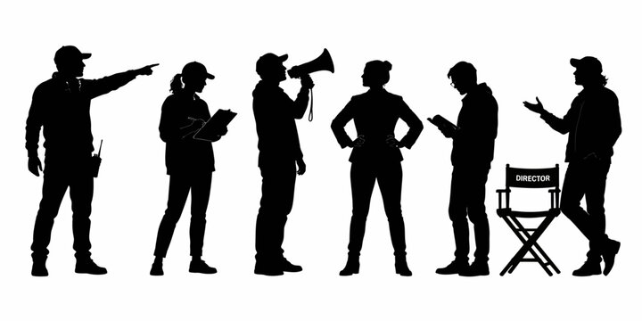 Film crew members interact on a movie set with director and actors