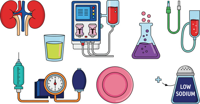 Set of Healthcare and Medical Treatment Icons Including Kidney, Dialysis Machine, Syringe, Plate, and Low Sodium Salt for Health and Wellness Applications