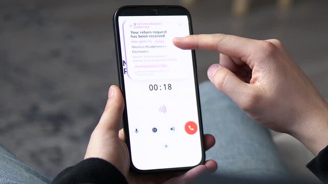 A customer contacts marketplace support via mobile app. See the seamless transition from a live call to a successful return request confirmation for electronics. Ideal for e-commerce, retail tech, and