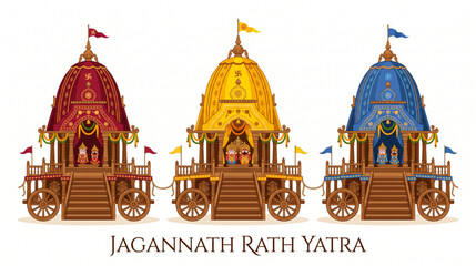 Obraz premium Jagannath rath yatra vector illustration with three traditional chariots isolated on white background for Hindu festival marketing poster 