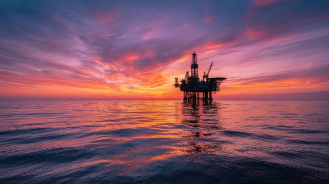 Calm ocean at dusk with industrial silhouette of an oil rig