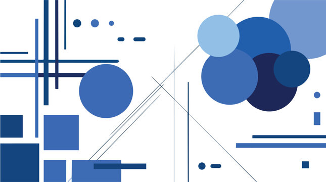 An abstract graphic composition features various blue shapes and lines on a white background.