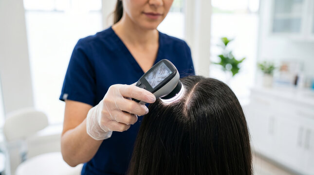 Professional trichologist examining patient scalp with digital trichoscope in clinic