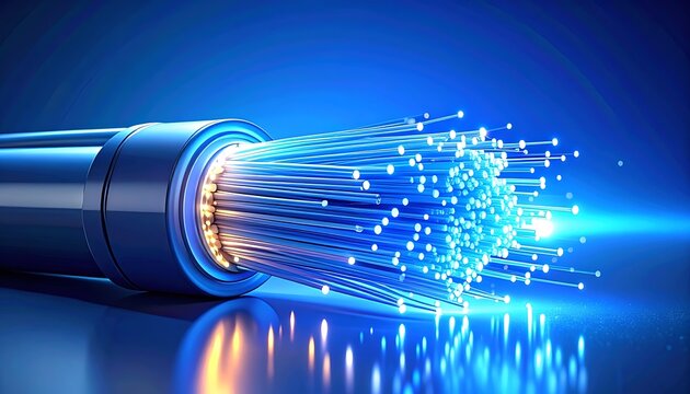 Close up of glowing fiber optic cable ends emitting bright blue light on a dark reflective surface, representing data transmission and digital communication