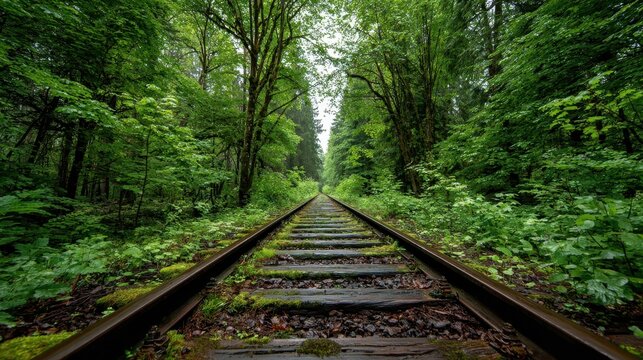 Leading lines of twin rails through a serene woodland landscape