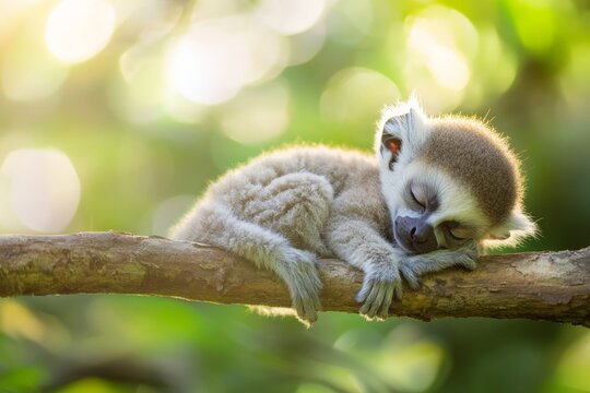 Baby monkey is sleeping on a branch. The image has a peaceful and calm mood. The baby monkey is the main focus of the image