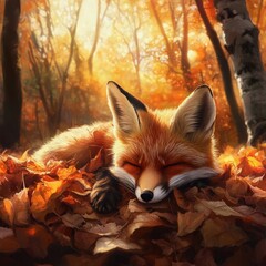 Fototapeta premium A serene red fox rests on a bed of colorful autumn leaves in a tranquil forest. The warm sunlight filters through the trees, creating a cozy and peaceful atmosphere.