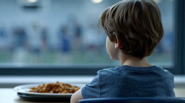 Young boy sits alone at a school cafeteria table, a large tray of processed food before him, a blurred gym class visible through a window, ideal for childhood obesity, pediatric nutrition, and moder