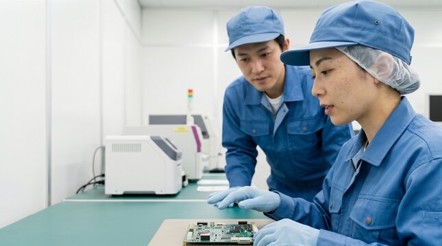 精密機器と電子部品の製造業で働く日本人の20代30代男女作業員が、工場内の作業台で二人一緒に基板を覗き込み確認している様子、背景に分析装置と余白のある構図