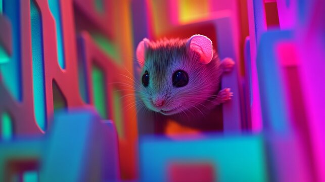 Small gray and white mouse is looking up at the camera. The image has a bright and colorful feel to it, with the mouse standing in front of a wall of blocks