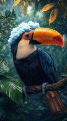 Fototapeta premium A colorful bird with a blue cap on its head is perched on a tree branch