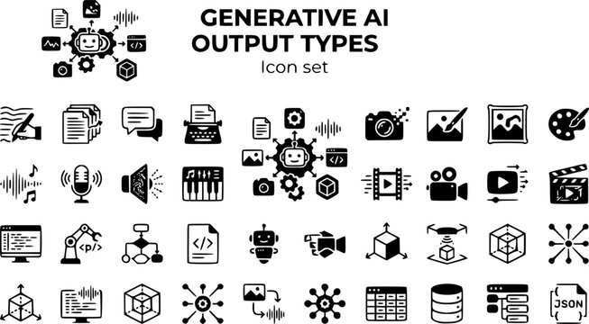 Generative AI Output Types Icon Set Text Gen Image Gen Audio Gen Video Gen Code Gen 3D Gen Multimodal Structured Output GenAI Modalities Vector Illustration