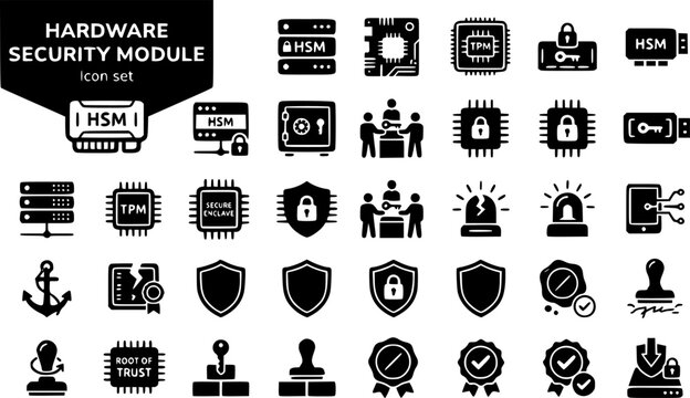 Hardware Security Module Icon Set HSM TPM Secure Enclave Key Ceremony Tamper Detect FIPS Root of Trust Seal Attest Cryptographic Security Vector Illustration
