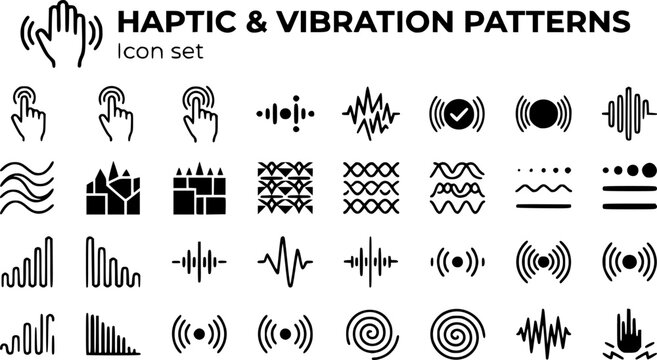 Haptic Vibration Patterns Icon Set Tap Double Tap Long Pulse Rhythm Error Buzz Success Thump Soft Rigid Pattern Intensity Mobile Wearable Feedback Vector