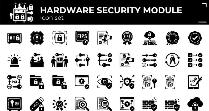 Hardware Security Module Icon Set HSM TPM Secure Enclave Key Ceremony Tamper Detect FIPS Root of Trust Seal Attest Cryptographic Security Vector Illustration