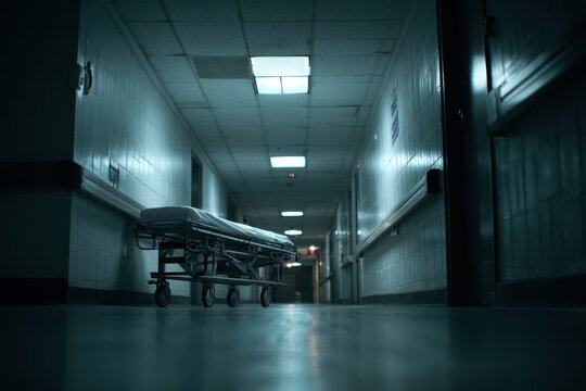 Lonely gurney waiting in a shadowy medical corridor at night