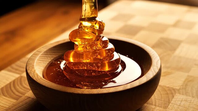 Raw amber honey pouring in thick thread into rough wooden bowl, warm backlight glow, translucent spiral, butcher-block surface, farmhouse premium atmosphere, generous copy space.