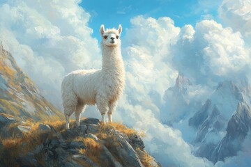Fototapeta premium A majestic white alpaca stands proudly on a rocky peak surrounded by fluffy clouds. The serene landscape captures the beauty of nature and wildlife.