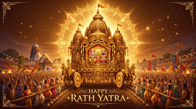 Lord Jagannath golden chariot with radiant divine aura and crowd of devotees pulling rope in Puri street for holy Rath Yatra festival banner
