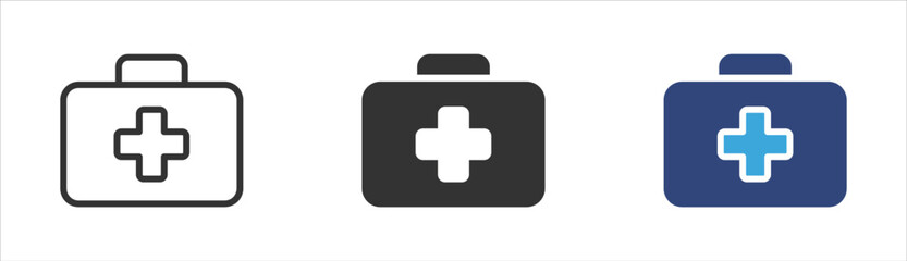 Obraz premium Medical kit icons set, First aid box symbols, Healthcare emergency icons, Doctor bag vector icons