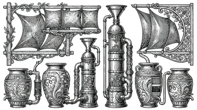 Ancient pottery vessels and amphorae engraving collection.