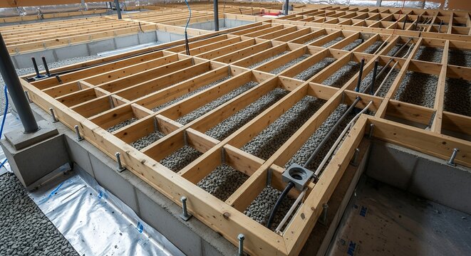 Modern crawl space with engineered wood joists and insulation in contemporary home construction