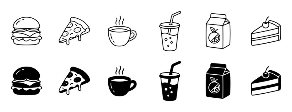 Food and beverage icon set with burger pizza coffee drink juice and cake on transparent background
