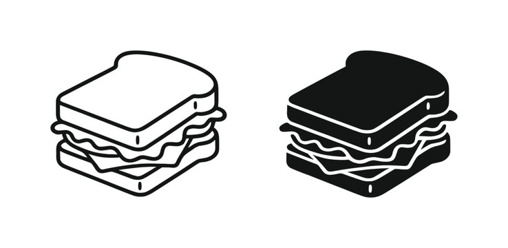 Sandwich toast food icon set, outline and black silhouette vector illustration on transparent background
