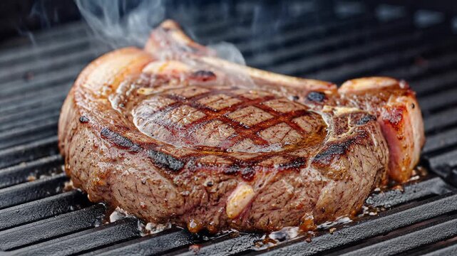 Juicy Tomahawk Steak Grilling on Outdoor Barbecue Grill.