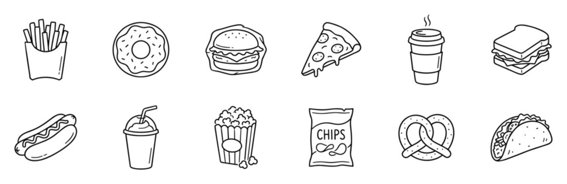 Fast food outline icon set with burger pizza coffee hotdog popcorn chips taco and snacks on transparent background