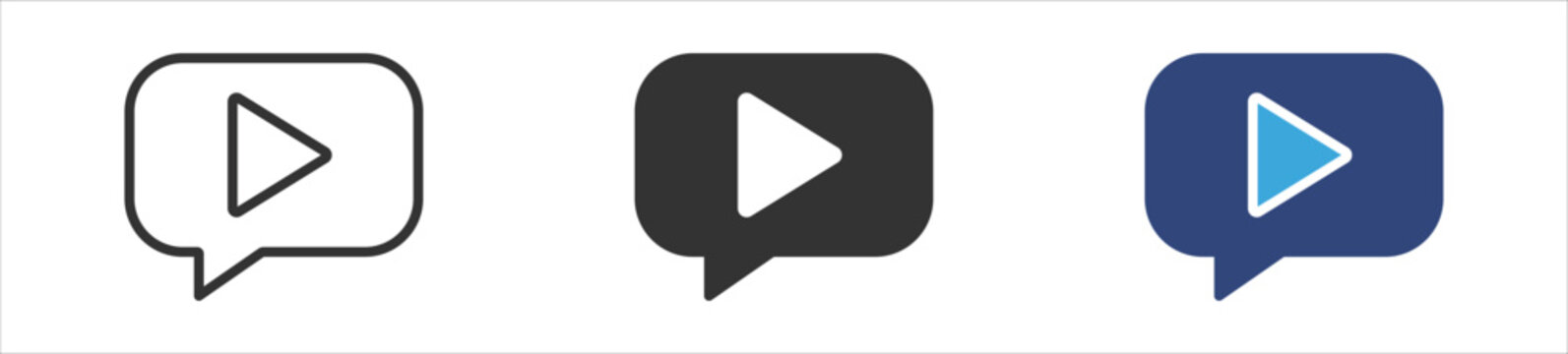 Play button message icon set, Media chat symbols, Play communication icons, Video conversation vector icons