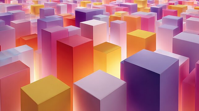 Abstract 3D composition of colorful rectangular prisms and cubes with soft glowing lights in pink orange and purple hues