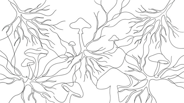 Intricate mushroom cluster with root like network illustration.
