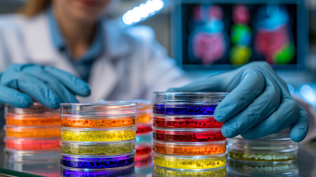 Scientist in sterile gloves arranges petri dishes of colorful bacterial cultures under bright lab lighting, a wall chart of human digestive anatomy visible behind her, ideal for gut microbiome, dige