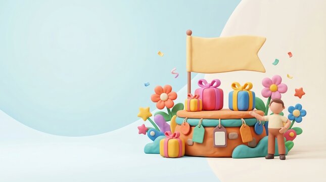 3D render of a character standing next to a podium with gift boxes and a blank flag on a pastel background