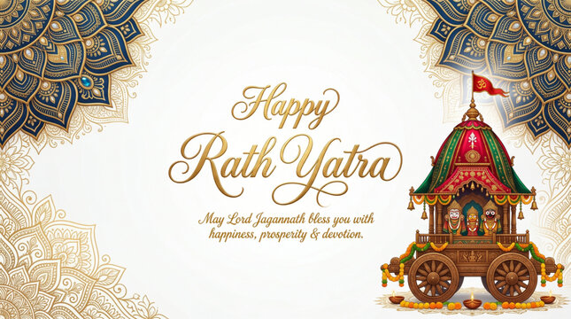 Happy rath yatra vector illustration with traditional chariot and blue mandala patterns on white background for Lord Jagannath festival banner
