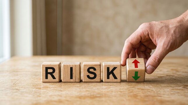A hand placing a cube next to the word RISK, symbolizing risk management and decision-making in a business context. 