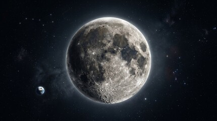 Obraz premium A stunning high-resolution photograph of the Moon, showcasing its craters and surface details against the dark expanse of space with a distant planet visible