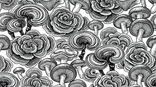 Mushrooms in a dense grayscale cluster.
