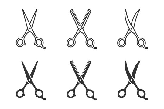 Various styles of scissors icons: regular and thinning shears in black silhouettes.