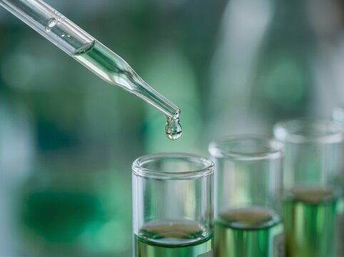 Scientist Drops Green Liquid into Test Tube Using Pipette in Lab