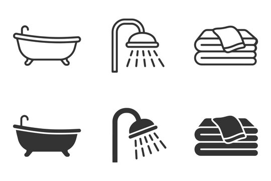 Bathroom icons: bathtub, shower, towels in simple black and white line art.