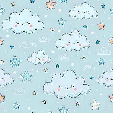 seamless pattern with soft clouds and small stars, light blue and pastel tones, minimal calm design