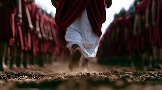 Jesus walking on a dirt road with roman soldiers